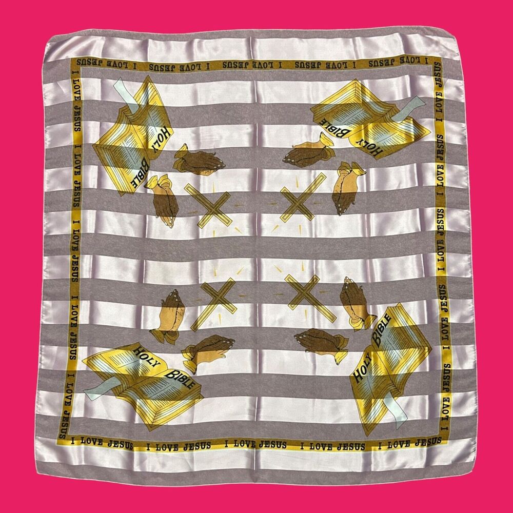 Vintage Scarf I Love jesus Holy Bible Striped Pocket Square 90s Polyester 40x40